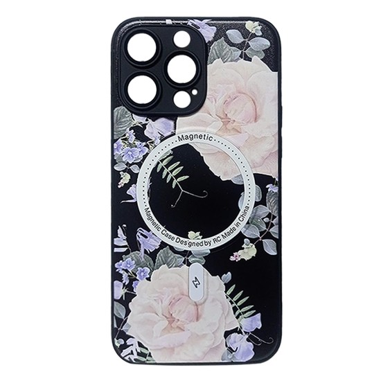 Capa Magnética com Desenho de Flores para Apple iPhone 15 Pro Preto